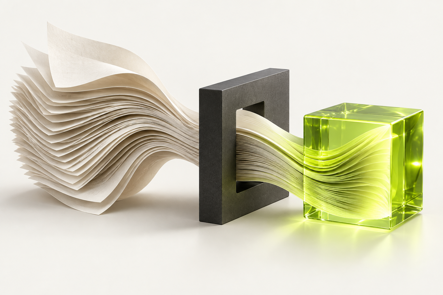 Layers of paper flow into a translucent green cube, representing business knowledge becoming a valuable asset.